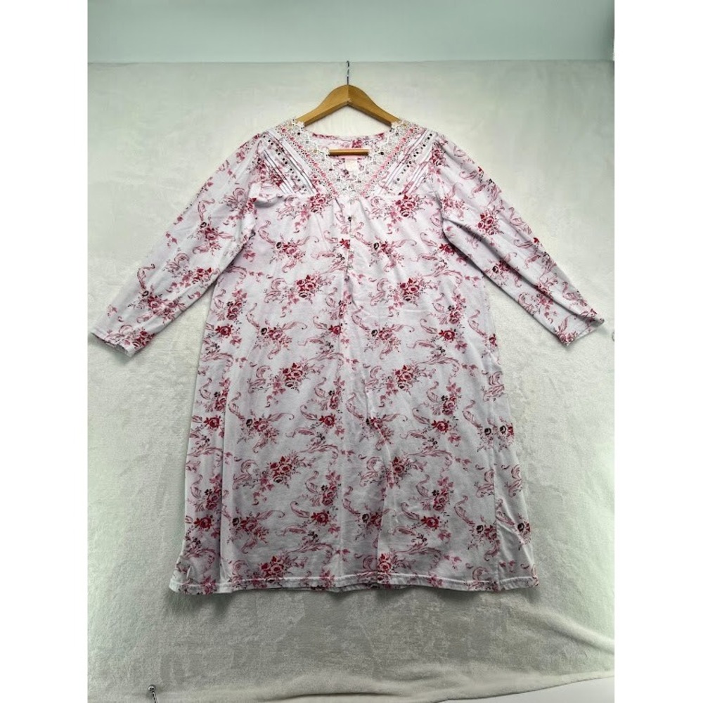 Pink Label Floral Night Gown Pink‎ Yolk 4 Button Front Size M Long Sleeve